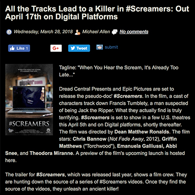 All the Tracks Lead to a Killer in #Screamers: Out April 17th on Digital Platforms
